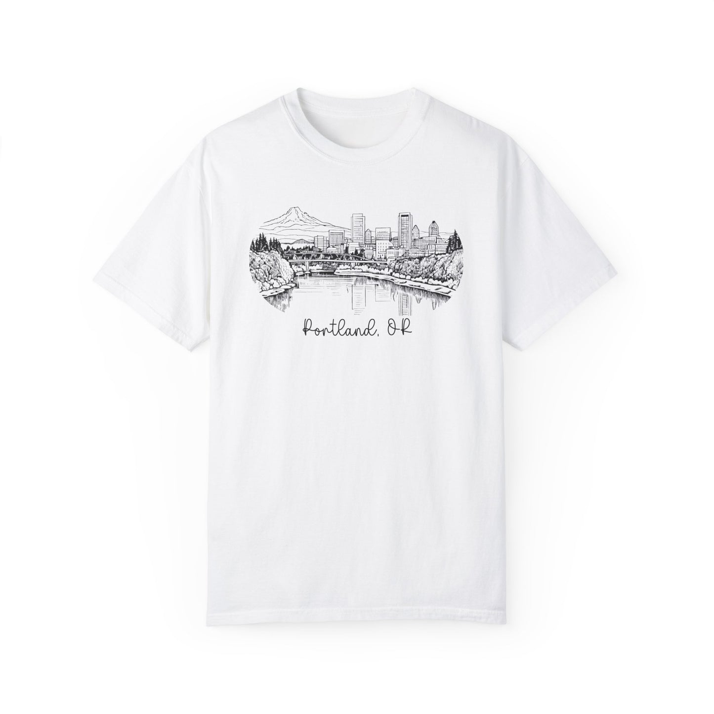 Portland Oregon Shirts | Hand Drawn City Skyline Unisex Garment-Dyed Tee