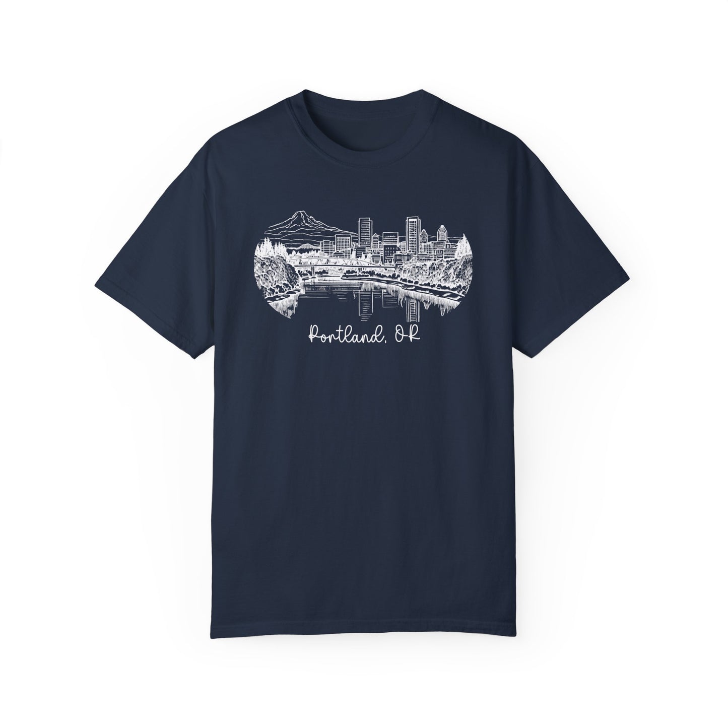 Portland Oregon Shirts | Hand Drawn City Skyline Unisex Garment-Dyed Tee