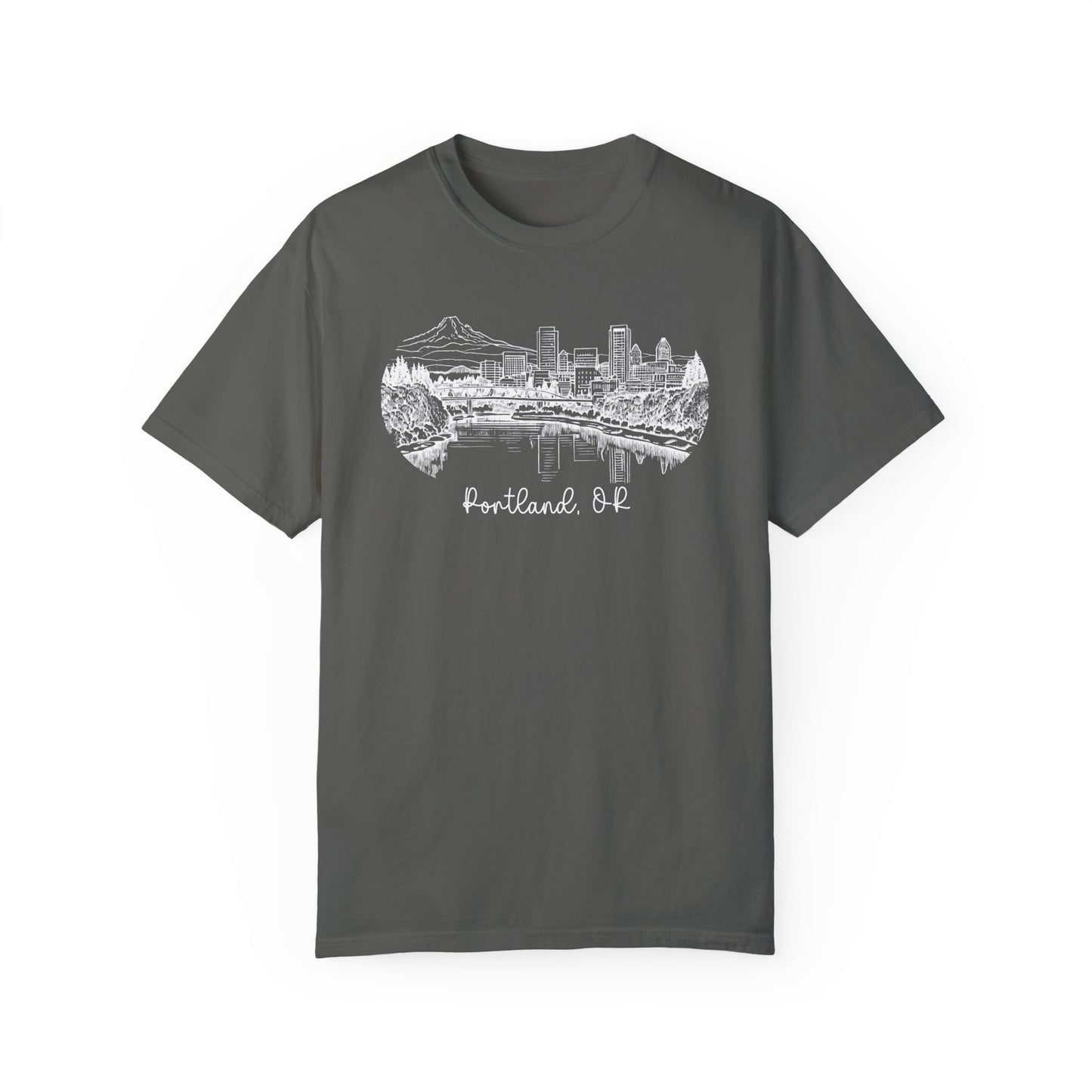 Portland Oregon Shirts | Hand Drawn City Skyline Unisex Garment-Dyed Tee