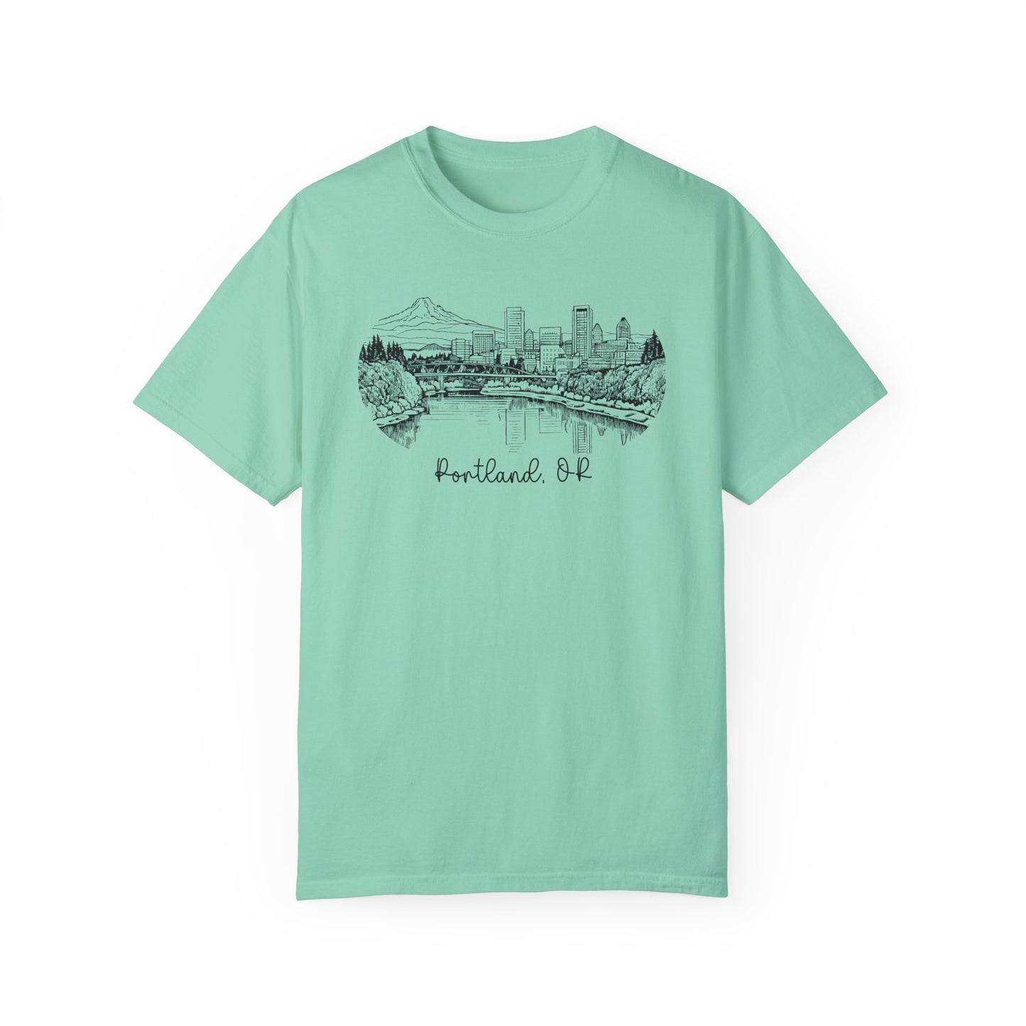 Portland Oregon Shirts | Hand Drawn City Skyline Unisex Garment-Dyed Tee